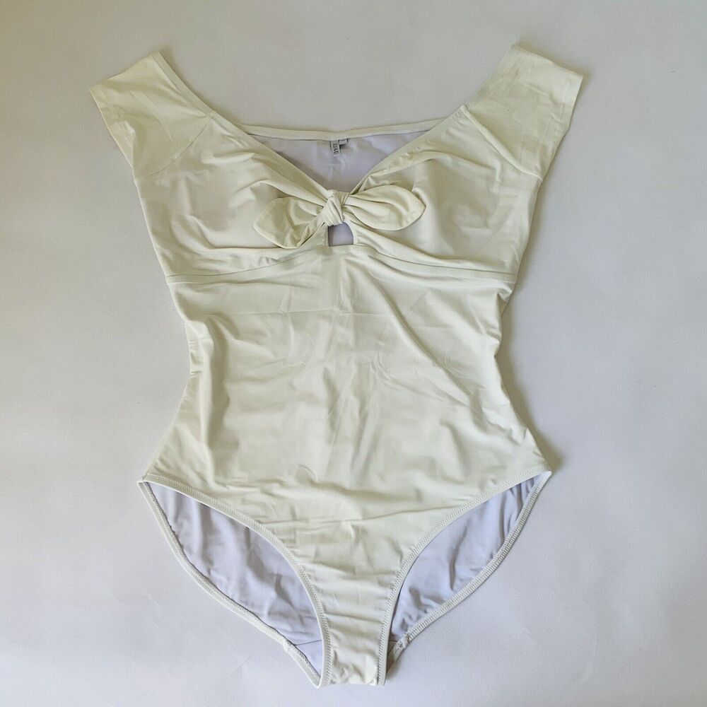 FIGLEAVES Swimsuit Women US 14 One Piece White Bow Cutout Bridal Beach Honeymoon